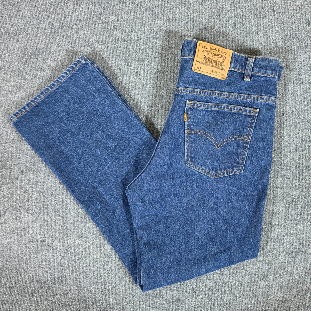Vintage 1996 Orange Tab Levis 517 Boot Cut Jeans Blue Mens Tag 38x30 Act 35x29